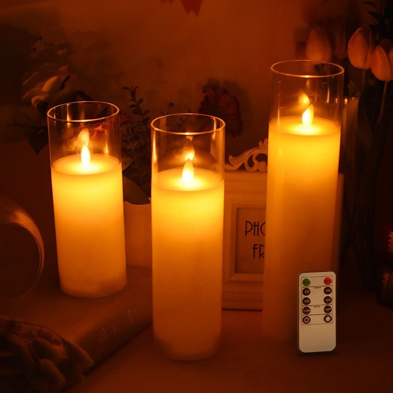 Battery operated moving flame electric wax decorative led candle glass pillar