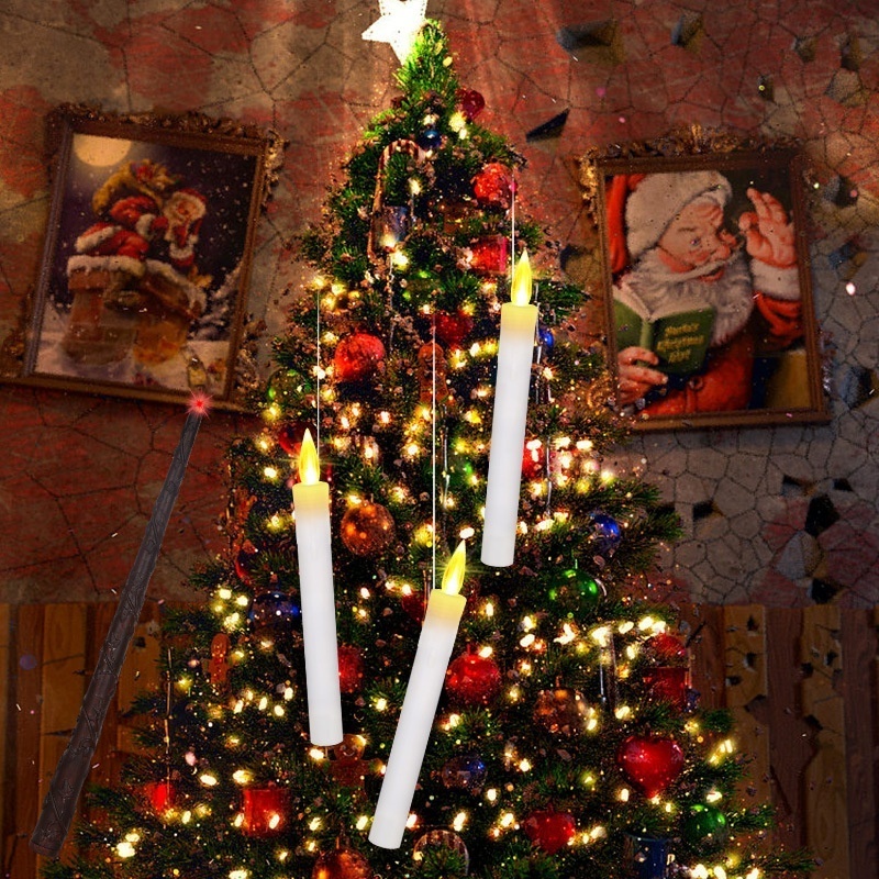 Floating Candles with Wand, Christmas Decorations Magic Hanging Candles Flickering Warm Light Christmas Tree Candle