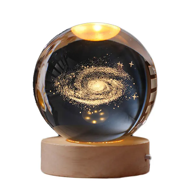 Newish 3D Carved Inside Crystal Star Galaxy table lamp Wood Base Children's Gift Room Decoration Night LED Light for Kids Room