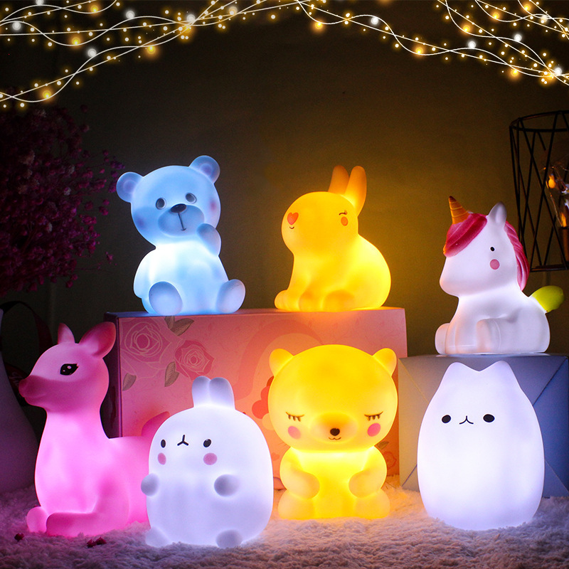 Hot Sale Cartoon Animal Vinyl Led Night Light Toys for Kids Sleeping Cute Mini Unicorn Moon Star Table Lamp Fruit Desk Lamp