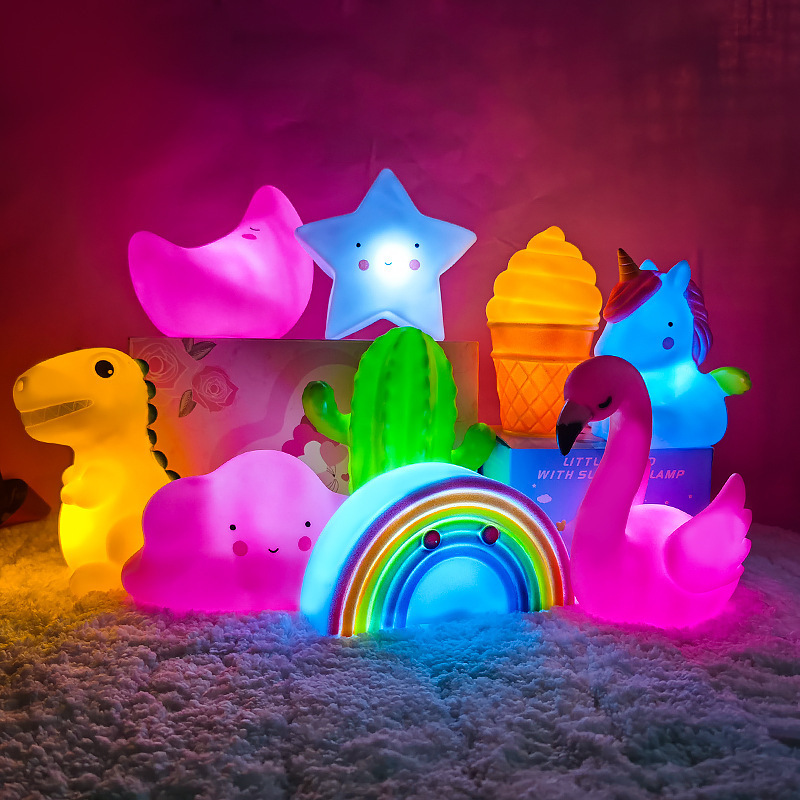 Hot Sale Cartoon Animal Vinyl Led Night Light Toys for Kids Sleeping Cute Mini Unicorn Moon Star Table Lamp Fruit Desk Lamp