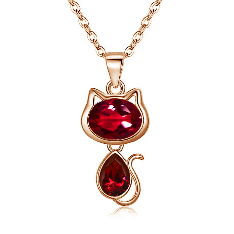 Cute Cat Pendent 6*8mm Oval Cut 4*6mm Pear Cut Moissanite Sapphire Ruby 10K Gold Luxury Necklace