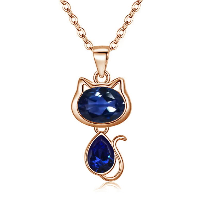 Cute Cat Pendent 6*8mm Oval Cut 4*6mm Pear Cut Moissanite Sapphire Ruby 10K Gold Luxury Necklace