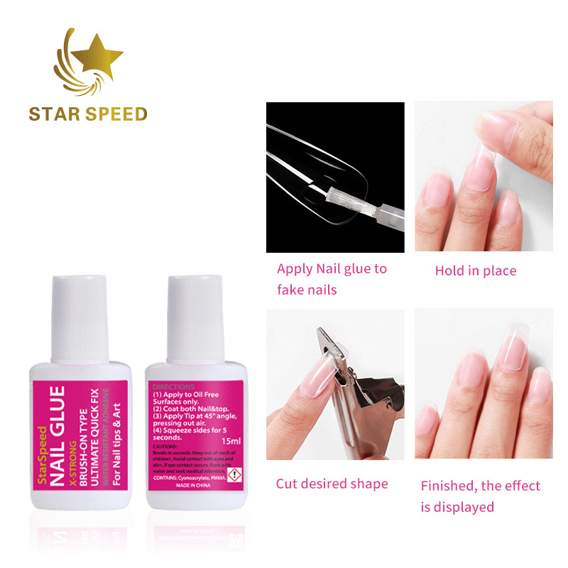 Wholesale 15g Private Label Strong Sticky  Adhesive nail art glue for nail tips pink lid brush on nail glue