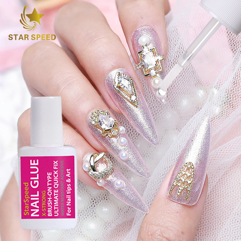 Wholesale 15g Private Label Strong Sticky  Adhesive nail art glue for nail tips pink lid brush on nail glue