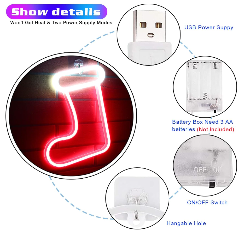 Xmas Boot Sock Hanging Usb/Battery Operated Neon Light Led Christmas Stocking Sign For Wall Kids Room Party Gift Decoration