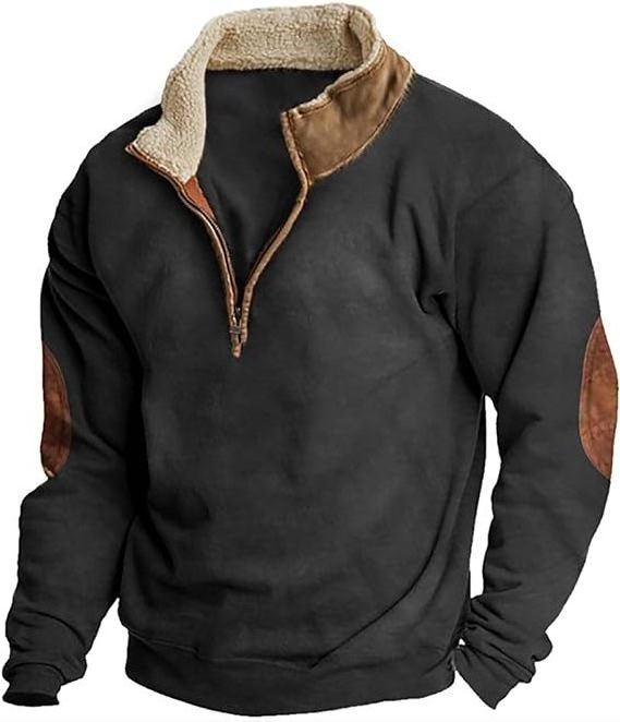 Mens Lapel Collar Button Up Pullover Mock Neck Long Sleeve Sweaters with Elbow Patches Corduroy Shirt Polo Shirts