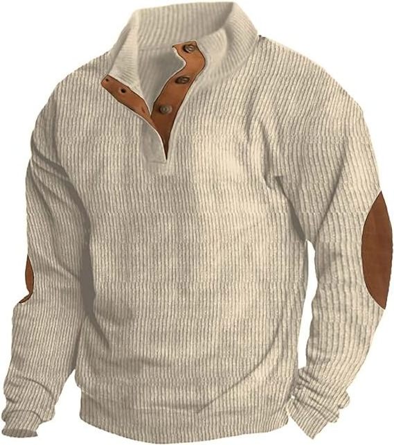 Mens Lapel Collar Button Up Pullover Mock Neck Long Sleeve Sweaters with Elbow Patches Corduroy Shirt Polo Shirts