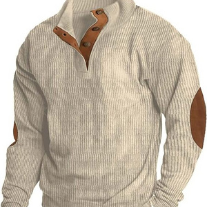 Mens Lapel Collar Button Up Pullover Mock Neck Long Sleeve Sweaters with Elbow Patches Corduroy Shirt Polo Shirts