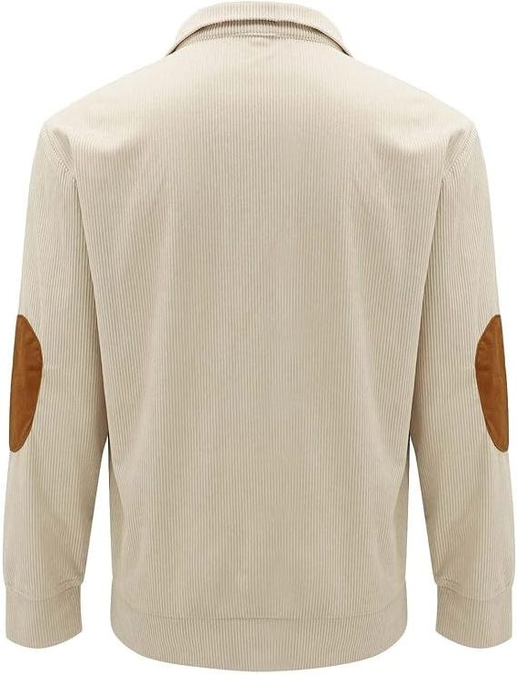 Mens Lapel Collar Button Up Pullover Mock Neck Long Sleeve Sweaters with Elbow Patches Corduroy Shirt Polo Shirts