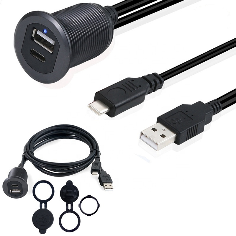 Waterproof LED light USB3.1 Type C USB 2.0 Male to Female Car Mount Flush Cable