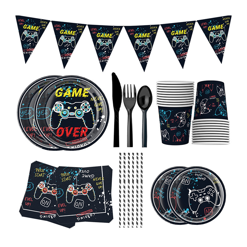 Startparty Video Game Supplies Gaming Party Decoration Boys Birthday Party Cutlery Bag Table Cover Plates Cups Napkins