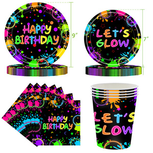 Startparty Neon Plates and Napkins Party Supplies Serves Utensils Included for Glow in the Dark Party Decorations