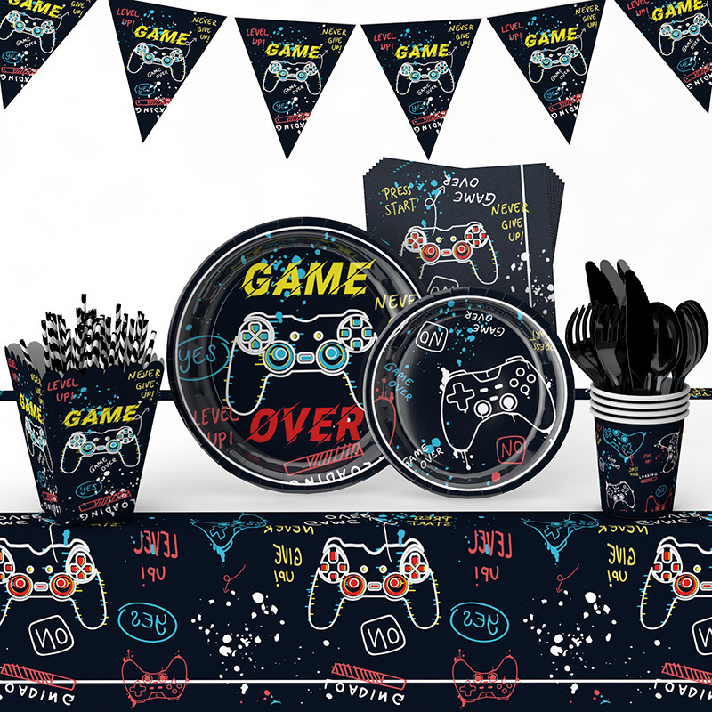 Startparty Video Game Supplies Gaming Party Decoration Boys Birthday Party Cutlery Bag Table Cover Plates Cups Napkins