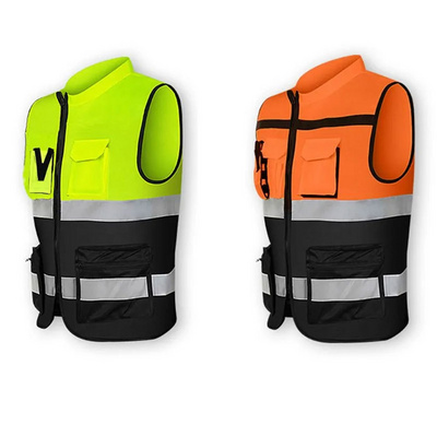 Wholesale High Visibility Black Safety Reflective Vest With Pockets Road Safety Construction Work wear Reflective Vest