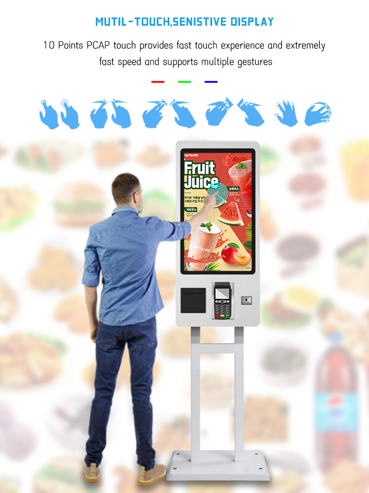 21.5 inch Pcap touch printer self service payment ordering kiosk for retail stores and restaurant