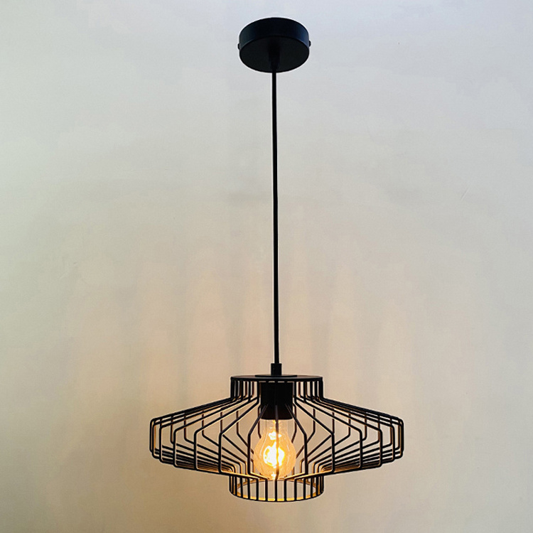 E27 Modern Nordic Rustic Cage Pendant Light Black Kitchen Island Metal Shade Vintage Rope Ceiling Pendant Light