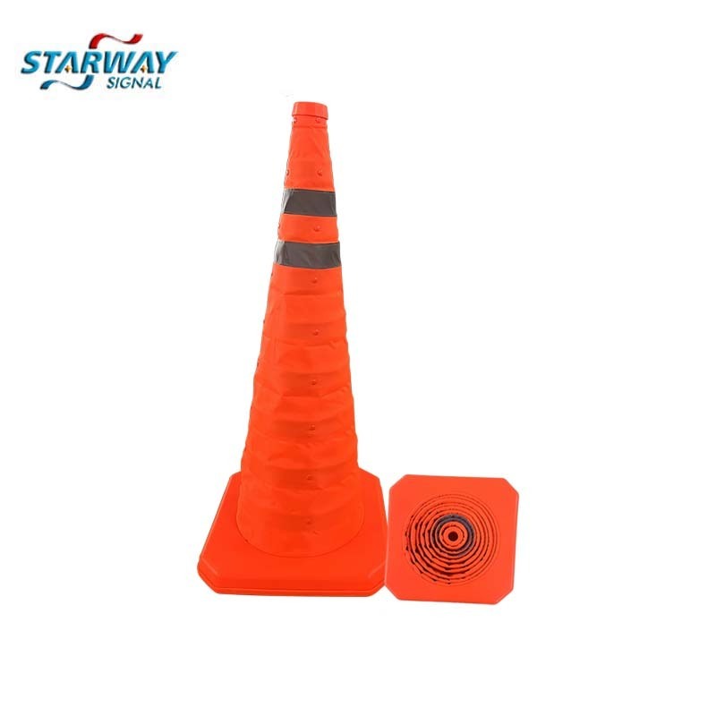 2023 factory whole sale rubber base solar LED orange collapsible warning  road safety traffic cone