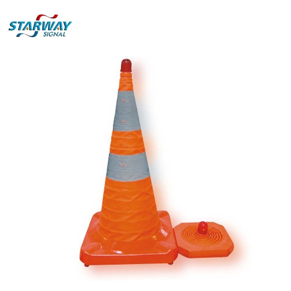 2023 factory whole sale rubber base solar LED orange collapsible warning  road safety traffic cone