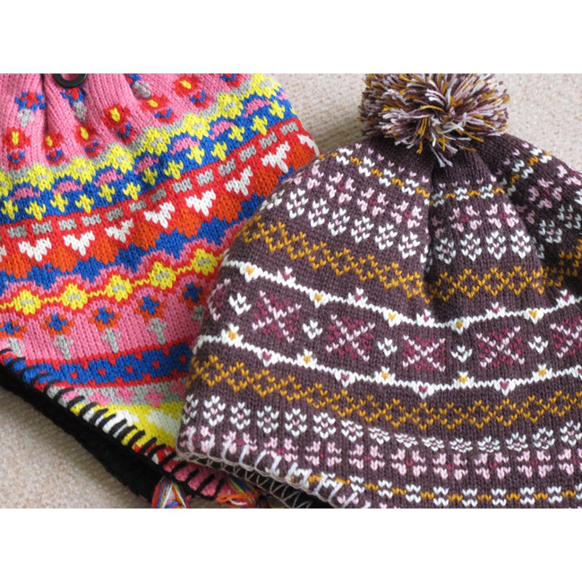 Fashion design winter knitted hat printed kids knitting cut earflap hat with earflap and braids