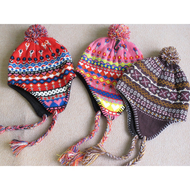 Fashion design winter knitted hat printed kids knitting cut earflap hat with earflap and braids