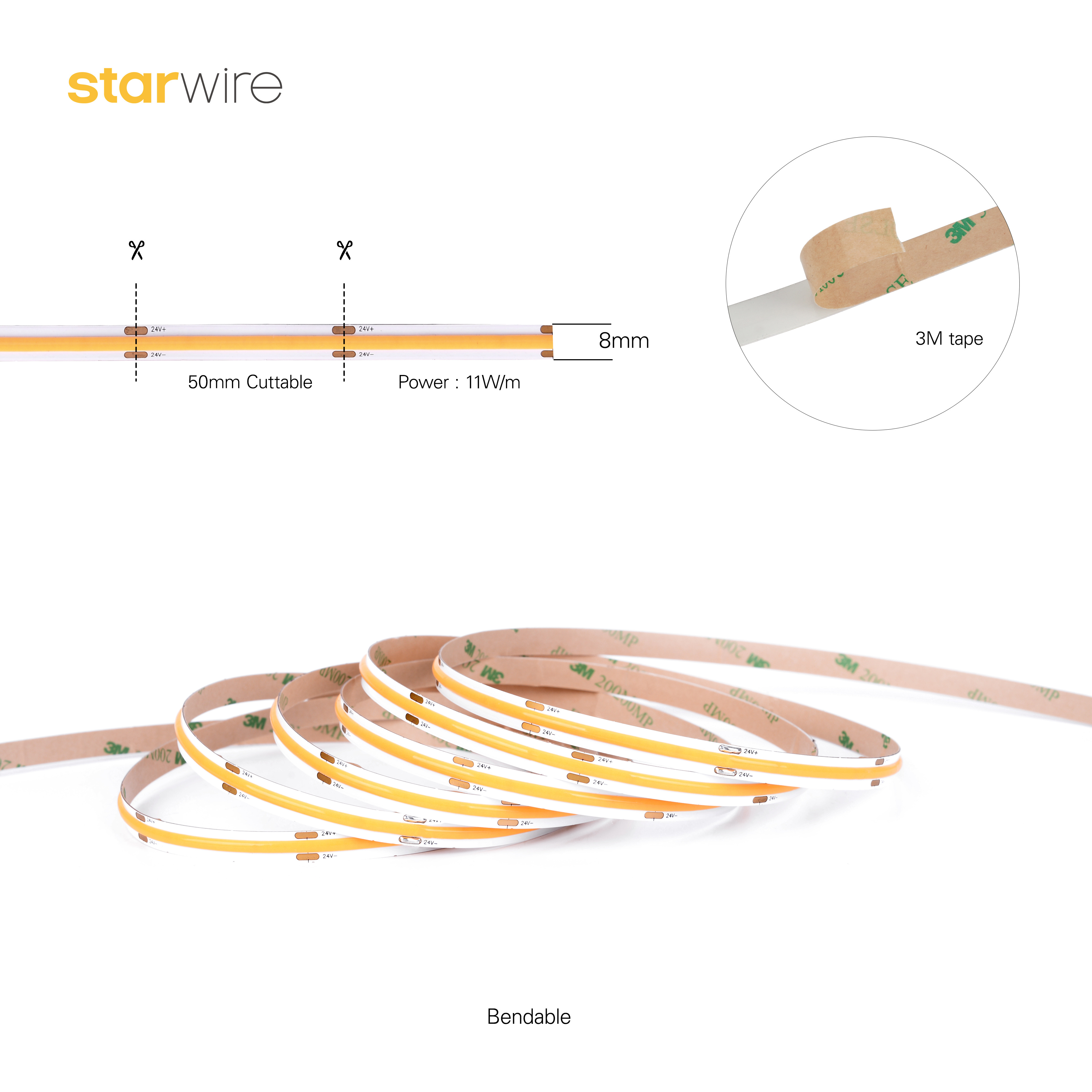 cob led strip light 24v 480led ce rohs ul 5 years warranty 2700K 3000K 4000K 6500K flexible COB led strip light