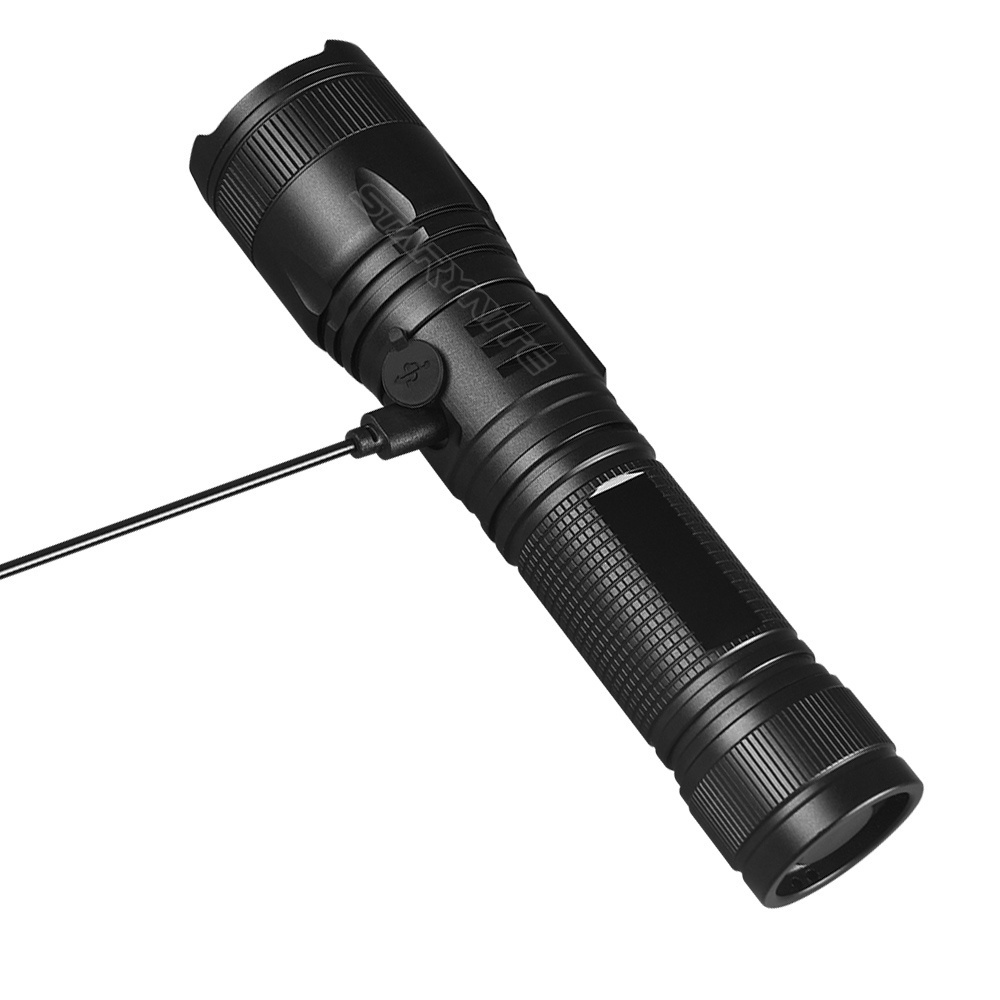 STARYNITE 700 lumens powerful zoom rechargeable led flashlight torch light powered by 18650 or 26650 or AAA batteries