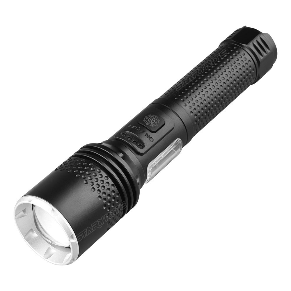 STARYNITE Rechargeable 21700 Battery Zoomable White Laser Led Flashlight with Side Red Warning Light and Power Bank