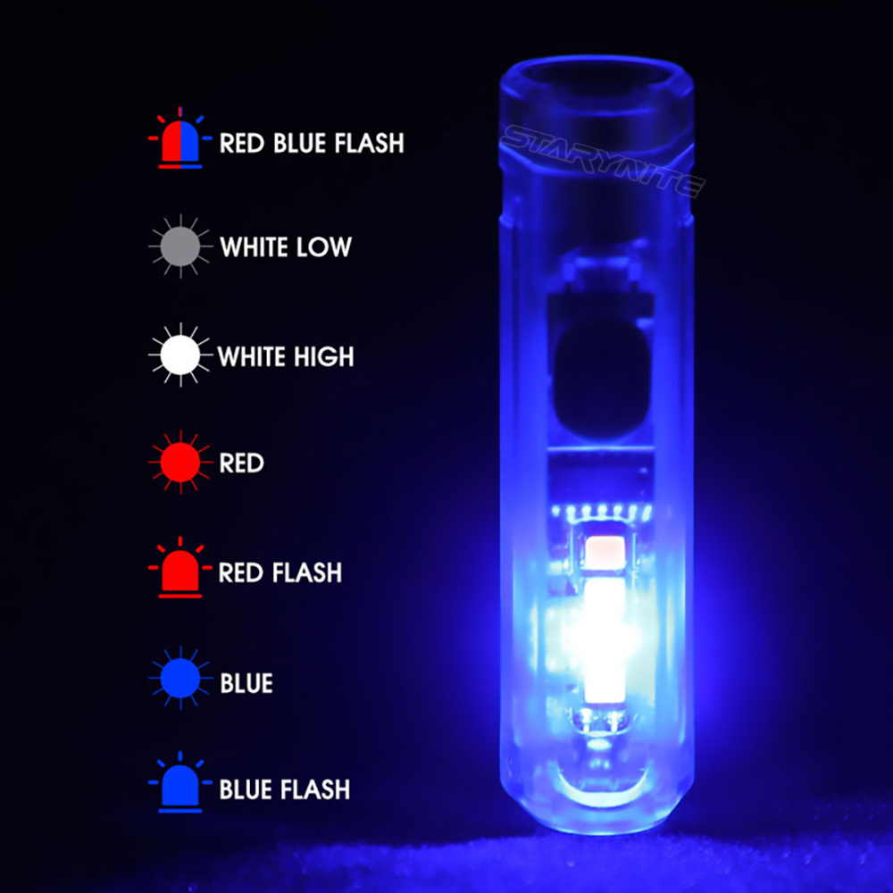 STARYNITE 12 modes mini keychain led flashlight with red blue warning light powered by dry battery cat teaser