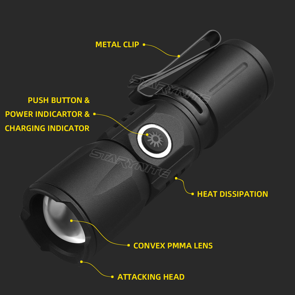 STARYNITE Aluminum EDC Small Pocket 16340 Battery XHP50 500 Lumen Rechargeable Led Flashlight 4 Modes