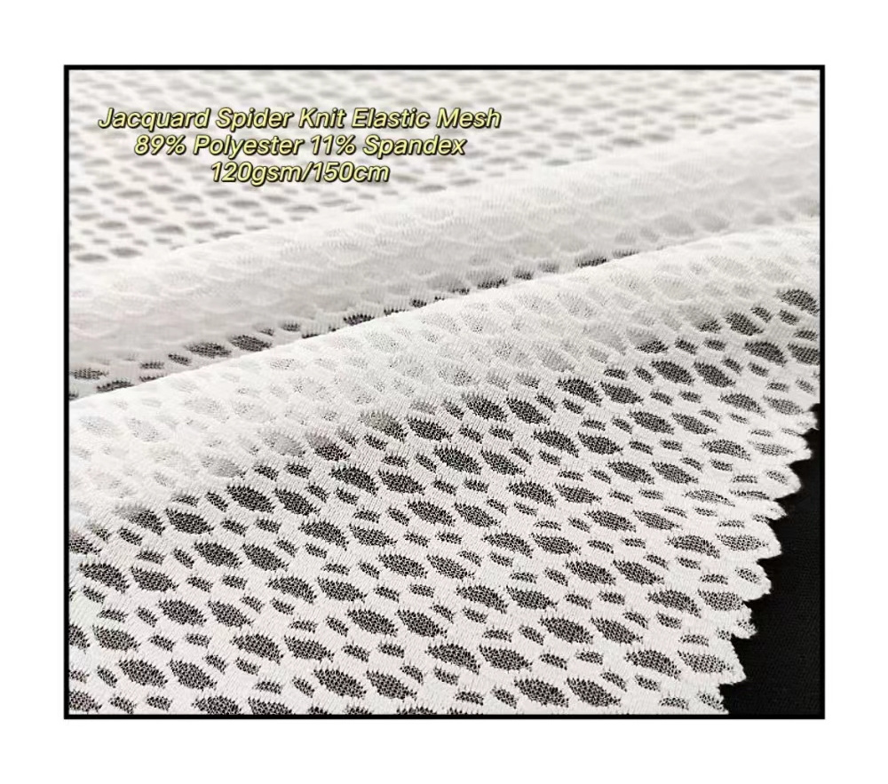 Miti Element Small MOQ High Elastic 152CM 120gsm 89% Polyester 11% Spandex Jacquard Spider Weft Knitted Mesh for Sliding Suit