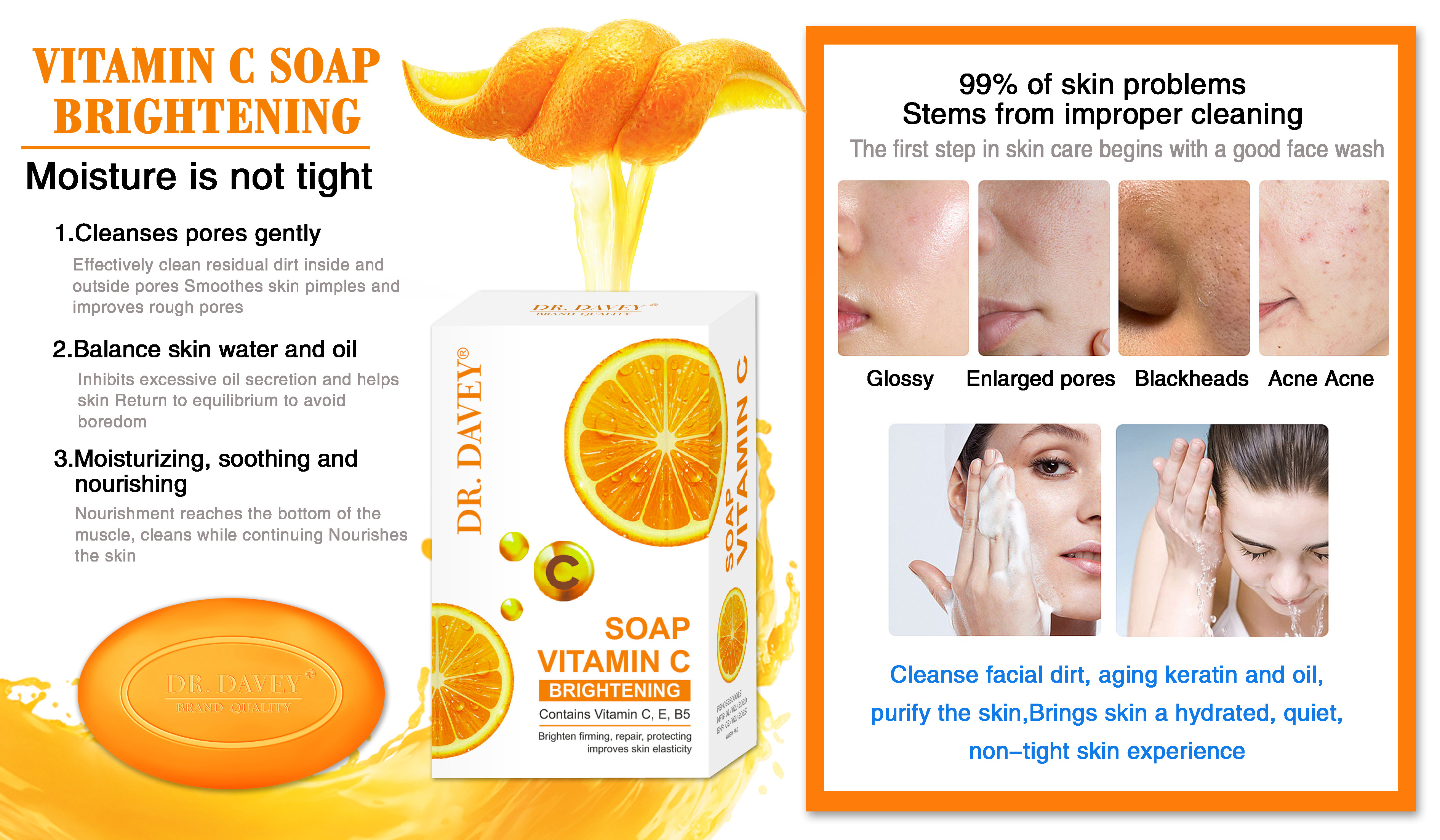 DR.DAVEY Vitamin C Face soap Brightening Skin with vitamin C,E,B5 ,body soap 100gram