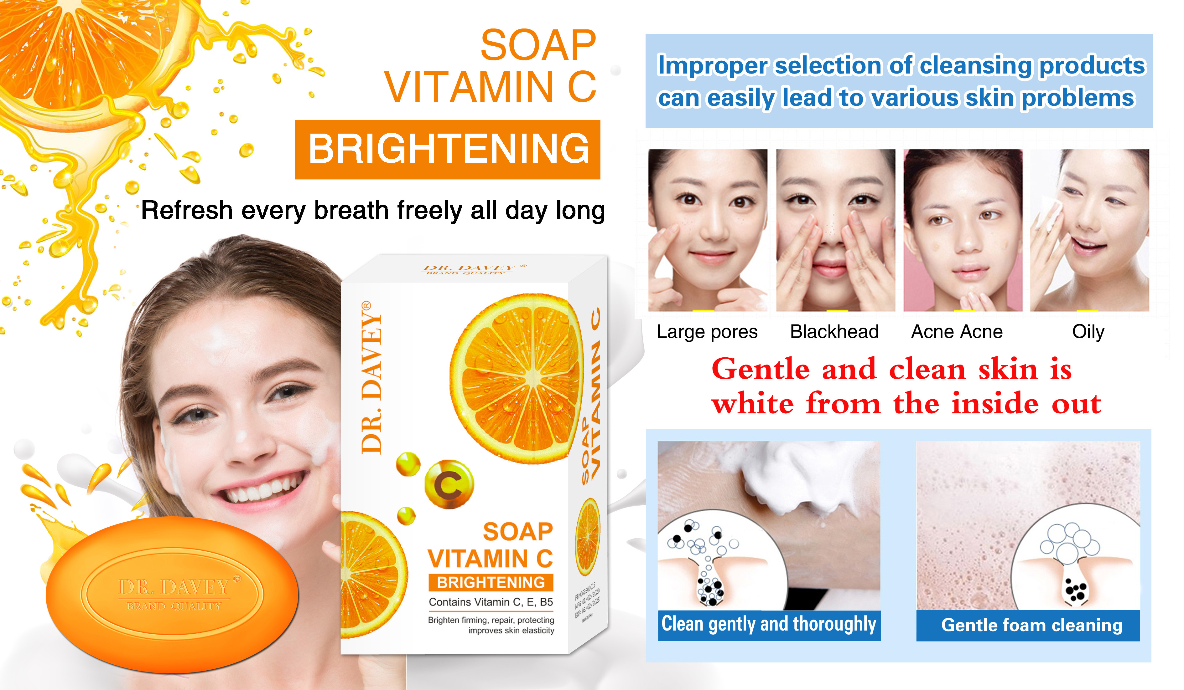 DR.DAVEY Vitamin C Face soap Brightening Skin with vitamin C,E,B5 ,body soap 100gram