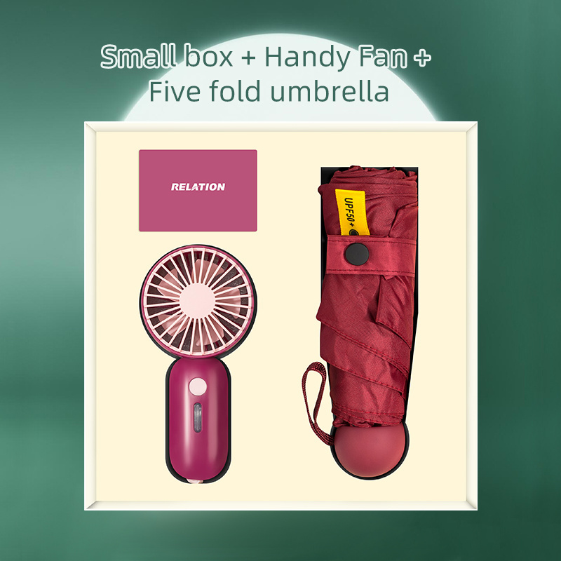 2 in 1 Mini fan five fold umbrella cable box marketing promotional gift custom brand logo gift set for ladies