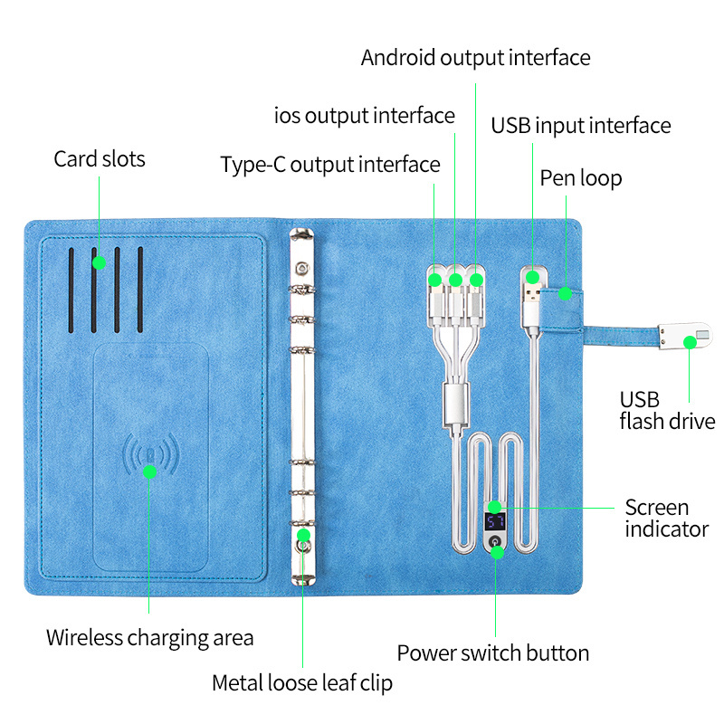 Wireless Charger Business Notebook with Usb Customized Logo 2021 Newest PU Leather Custom Promotion 10000mah Leather Book A5