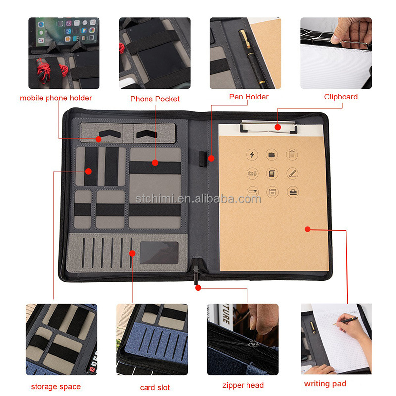 Wholesale A4 portfolio pu leather file document Padfolio Cover Portable Document Organizer with zipper