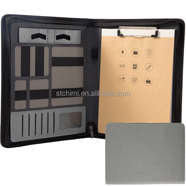 Wholesale A4 portfolio pu leather file document Padfolio Cover Portable Document Organizer with zipper