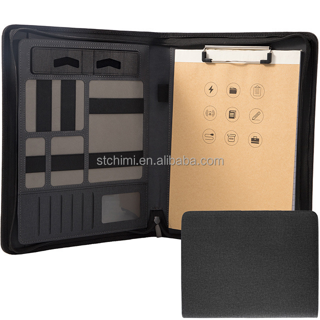 Wholesale A4 portfolio pu leather file document Padfolio Cover Portable Document Organizer with zipper