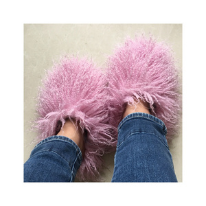 Stnm 20024 Wholesale New Long Wool Slippers Mongolia Beach Wool Slippers Women Fashion Fur Slippers