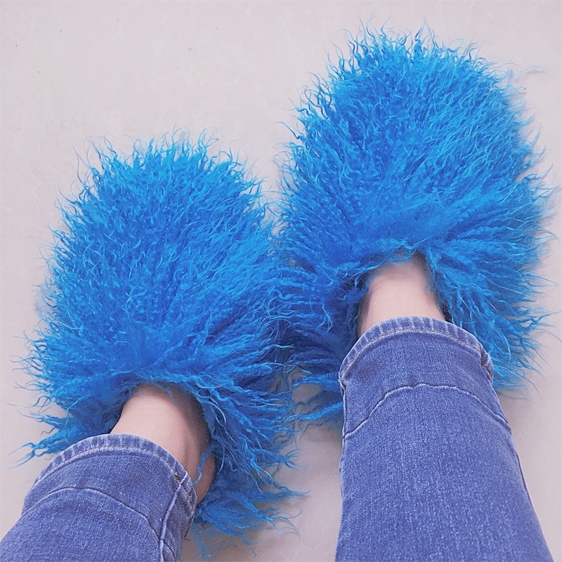 Stnm 20024 Wholesale New Long Wool Slippers Mongolia Beach Wool Slippers Women Fashion Fur Slippers