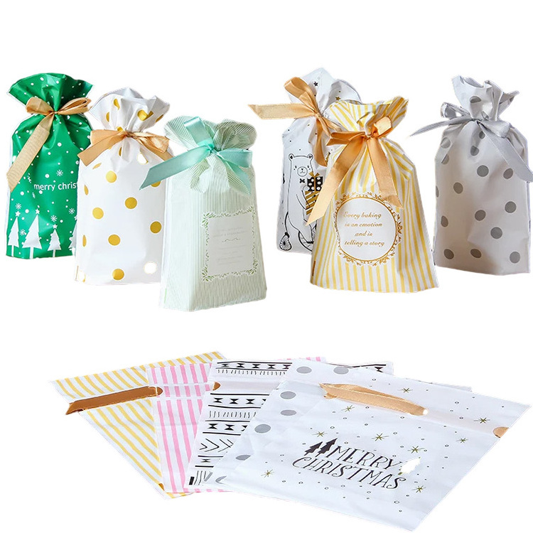 50Pcs Party Christmas Halloween Holiday Plastic Ribbons Drawstring Gift Bag With Bows Package Stand-up Cookie Snack Candy Bag