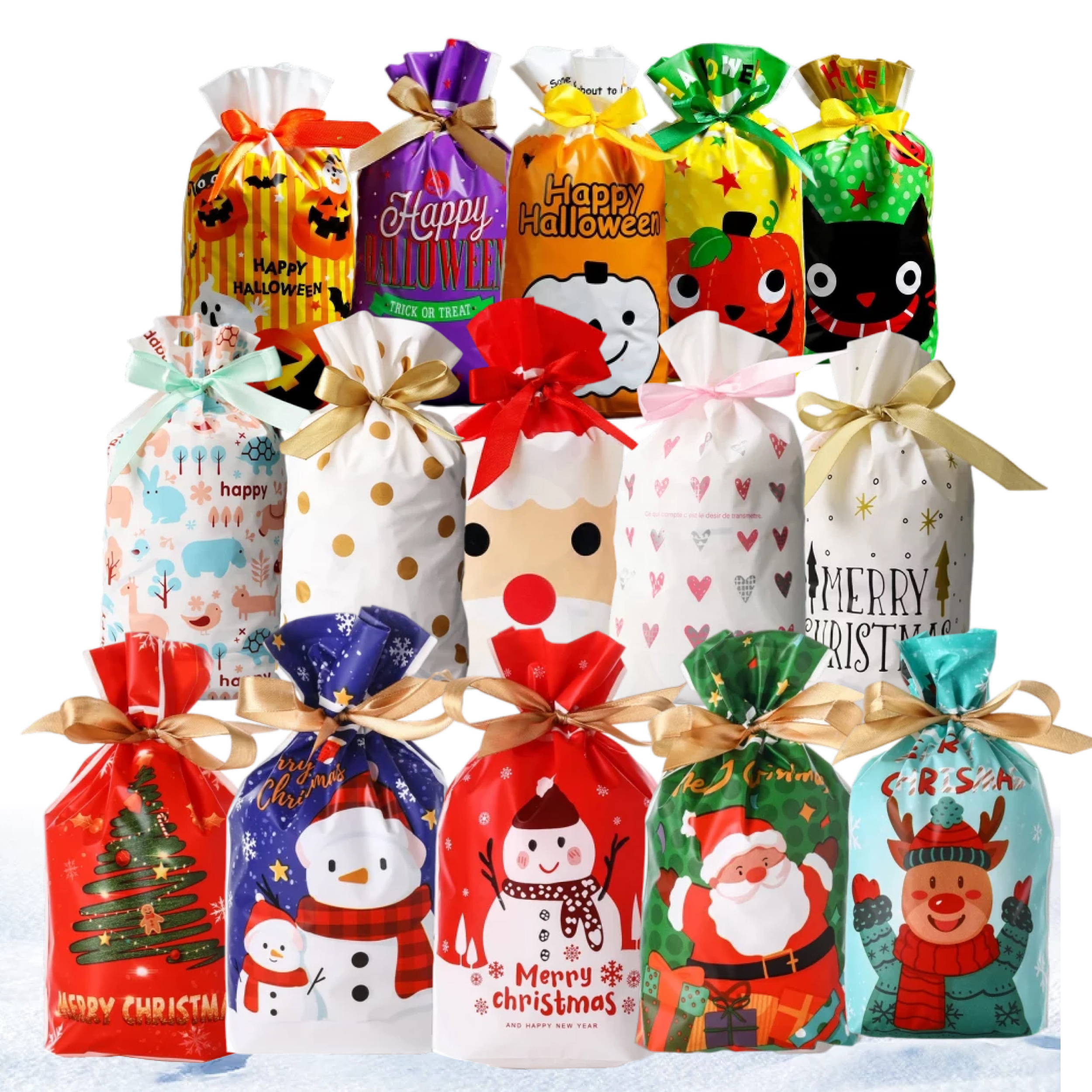 50Pcs Party Christmas Halloween Holiday Plastic Ribbons Drawstring Gift Bag With Bows Package Stand-up Cookie Snack Candy Bag