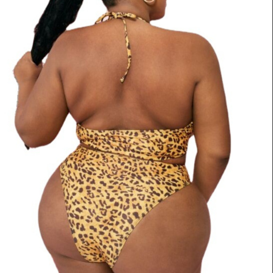 Summer Women Extreme Sexy 2 Piece Plus Size Yellow Mirco Mini Swimsuit Cross Halter Neck Strap High Waisted Leopard Print Bikini