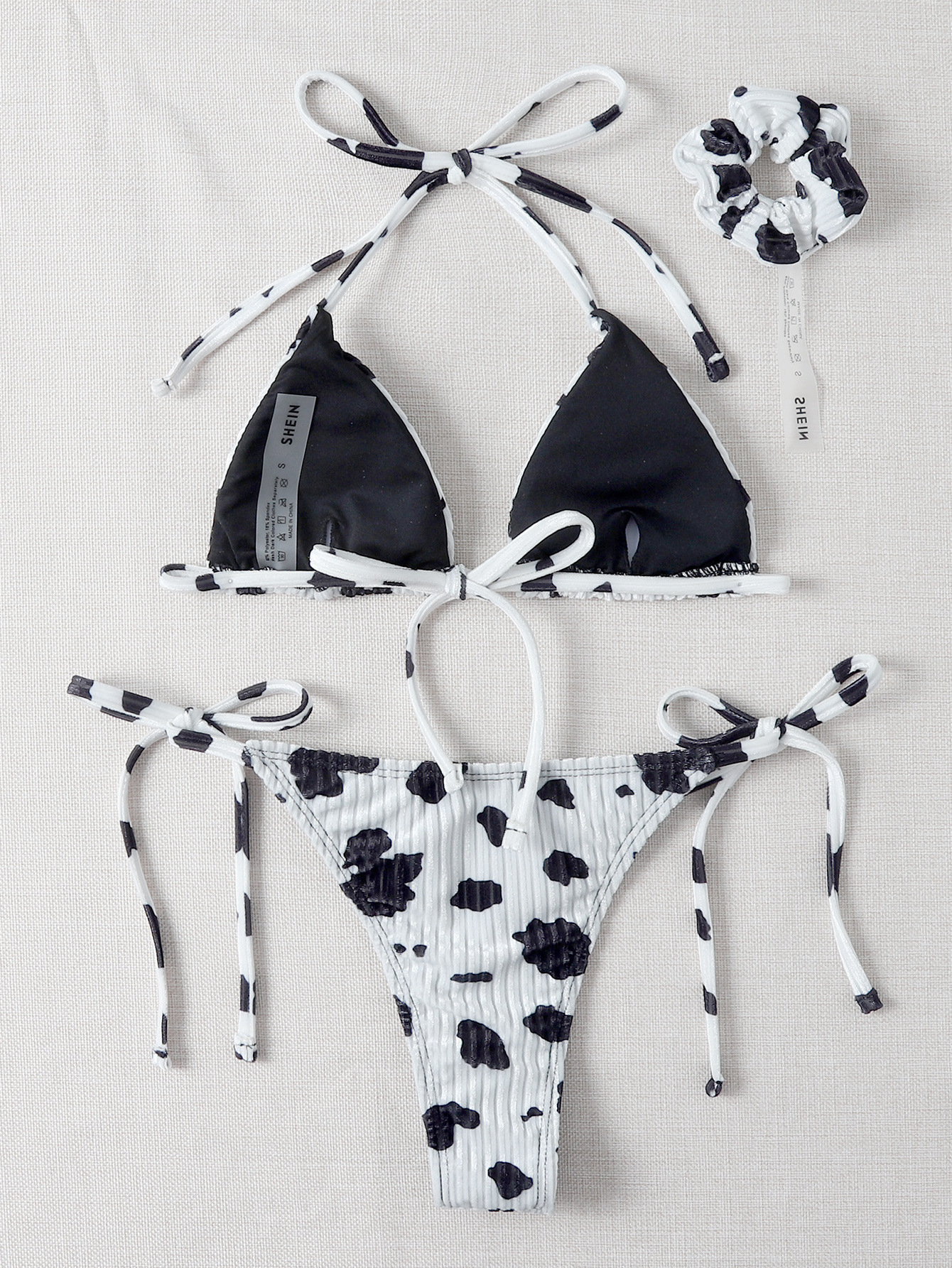 Beautiful Women Two Piece Extreme Micro Mini Cow Print Ribbed String Velvet Triangle Brazilian Bikini Set Beachwear Swimwear