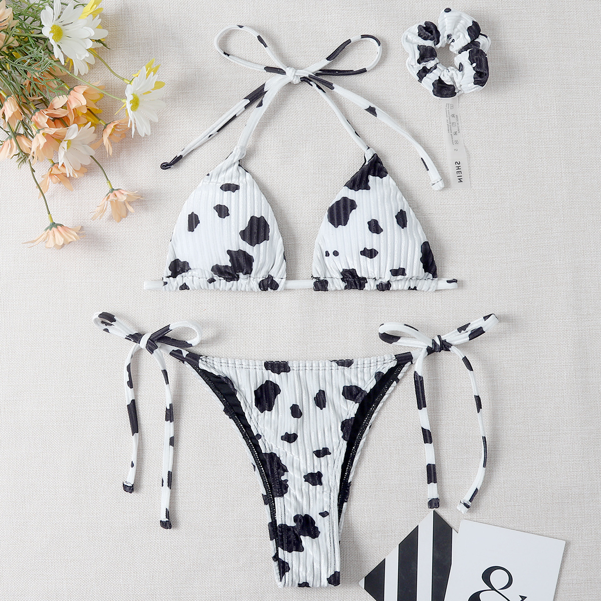 Beautiful Women Two Piece Extreme Micro Mini Cow Print Ribbed String Velvet Triangle Brazilian Bikini Set Beachwear Swimwear