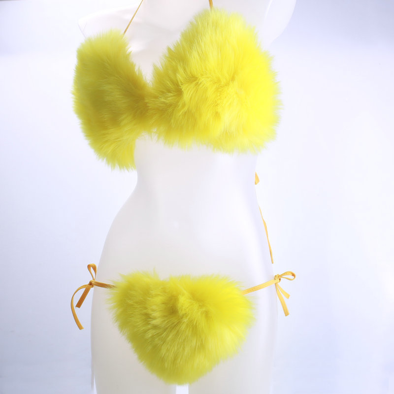 Fashion Show Sexy Girls Extreme Two Piece Halter Neck Genuine Animal Fox Fur String Thong Lingerie Bikini Set Swimwear For Women