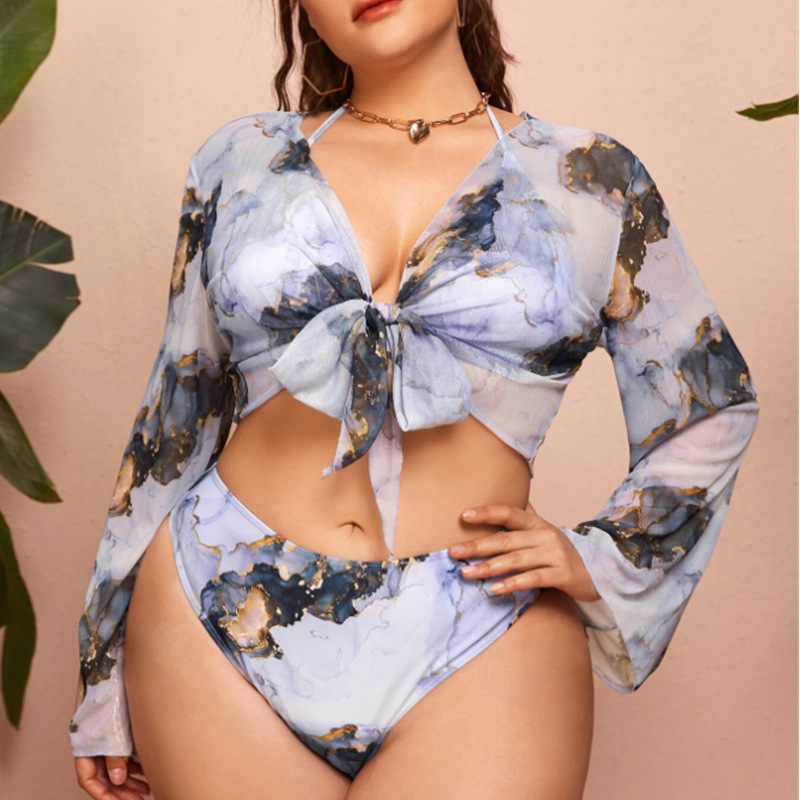 2022 Sexy Woman Three Piece Tie Dye Floral Print Bikinis Plus Size Sheer Mesh Long Sleeve Bikini Cover Up Triangle Swimwear Sets