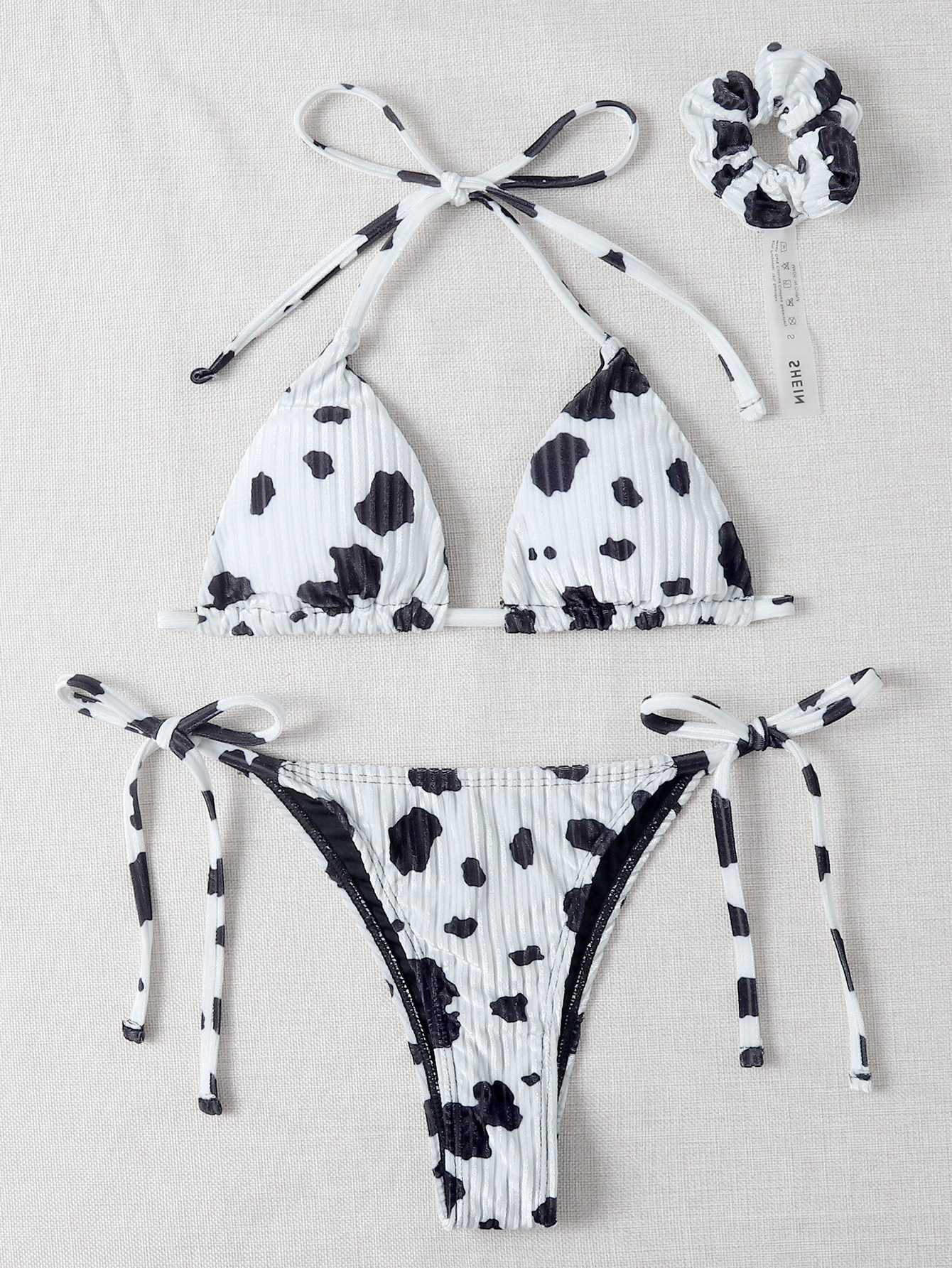 Beautiful Women Two Piece Extreme Micro Mini Cow Print Ribbed String Velvet Triangle Brazilian Bikini Set Beachwear Swimwear