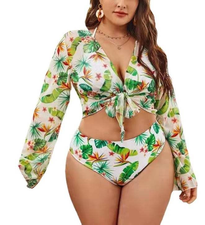 2022 Sexy Woman Three Piece Tie Dye Floral Print Bikinis Plus Size Sheer Mesh Long Sleeve Bikini Cover Up Triangle Swimwear Sets