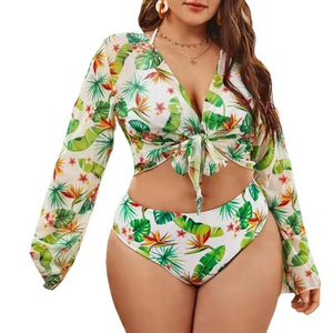 2022 Sexy Woman Three Piece Tie Dye Floral Print Bikinis Plus Size Sheer Mesh Long Sleeve Bikini Cover Up Triangle Swimwear Sets